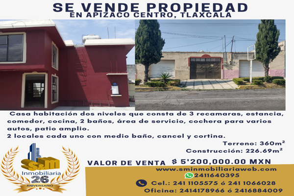 Foto de inmueble en 5 de Febrero, Col. Centro C.P. 90300, Apizaco