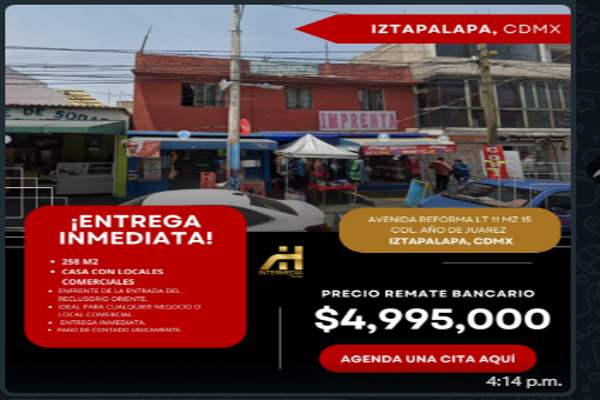 Foto de inmueble en Avenida Reforma Mz 15 Lt 1 #Mz 15 Lt 1, Col. Año de Juárez C.P. 09780, Iztapalapa