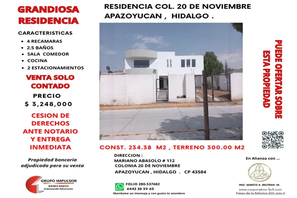 Foto de inmueble en MARIANO ABASOLO #112, Col. 20 de Noviembre C.P. 43584, Epazoyucan